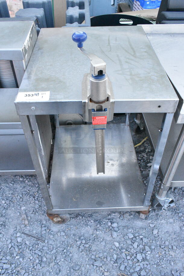 Stainless Steel 2 Tier Cart w/ Mounted Can Opener on Commercial Casters.  - Image 1 of 3