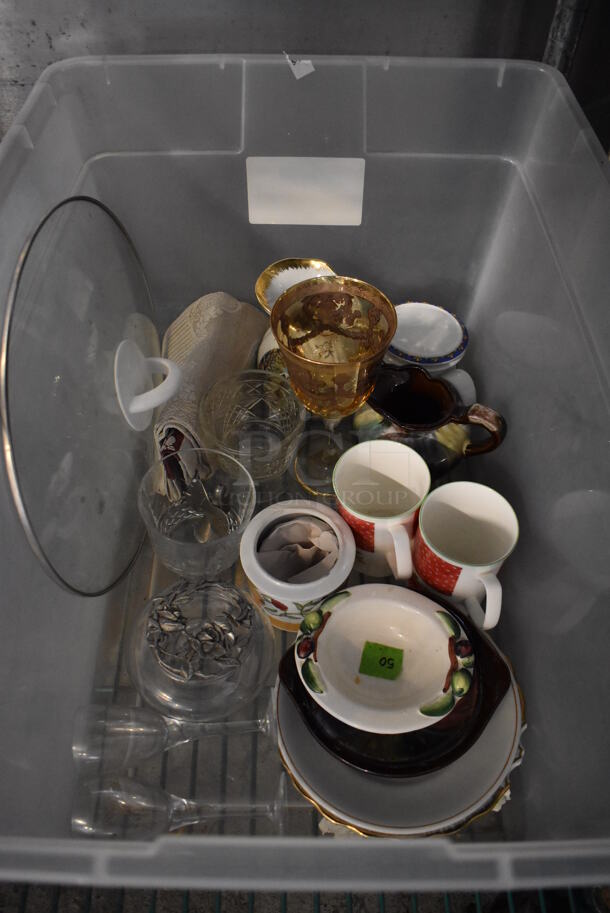 ALL ONE MONEY! Lot of Various Dishes Including Mugs, Plates, Glasses in Clear Poly Bin