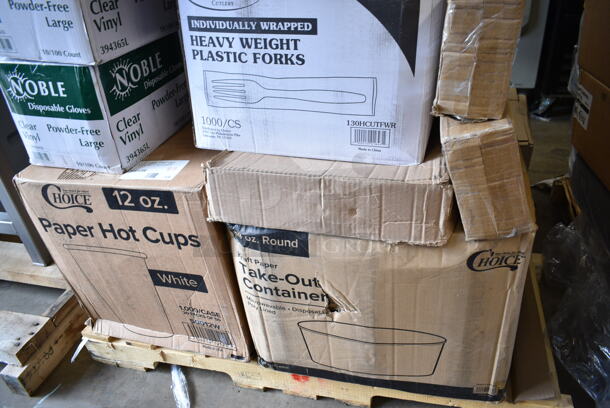 PALLET LOT of 20 BRAND NEW Boxes Including 50012W Choice 12 oz. White Poly Paper Hot Cup - 1000/Case, 394365L Noble Products Powder-Free Disposable Clear Vinyl Gloves for Foodservice - Large - 1000/Case, 795KFT44RNPE Choice 44 oz. Round Kraft PE-Lined Microwavable Take-Out Container 7 5/16" x 2 5/8" - 300/Case, 130HCUTFWR Visions Individually Wrapped White Heavy Weight Plastic Fork - 1000/Case, 2 Box 17622STPNLCL Choice 22 oz. Clear SAN Plastic Paneled Tumbler - 12/Pack, 5014455HVY Lavex Hercules 56 Gallon 2 Mil 44" x 55" Low Density Heavy-Duty BlackCan Liner / Trash Bag - 50/Case, 395TO961 EcoChoice 9" x 6" x 3" Compostable Sugarcane / Bagasse 1 Compartment Take-Out Container - 200/Case, 5012423M1 Lavex Li'l Herc 10 Gallon 1 Mil 24" x 23" Low Density Medium-Duty Black Can Liner / Trash Bag - 500/Case, Purell 5215-02 Healthy Soap. 20 Times Your Bid! - Image 2 of 12