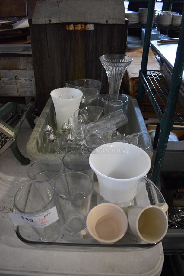 ALL ONE MONEY! Lot of Various Glasses in Poly Bus Bin and Glass Casserole Dishes