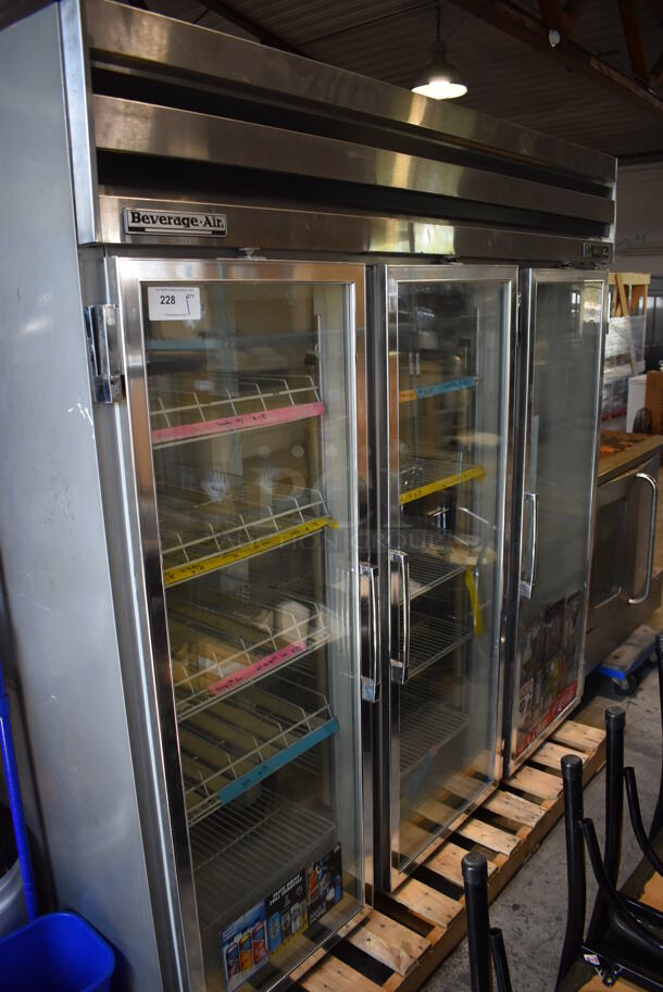 Beverage Air E Series Stainless Steel Commercial 3 Door Reach In Cooler Merchandiser w/ Poly Coated Racks. 115 Volts, 1 Phase. Cannot Test Due To Missing Power Cord