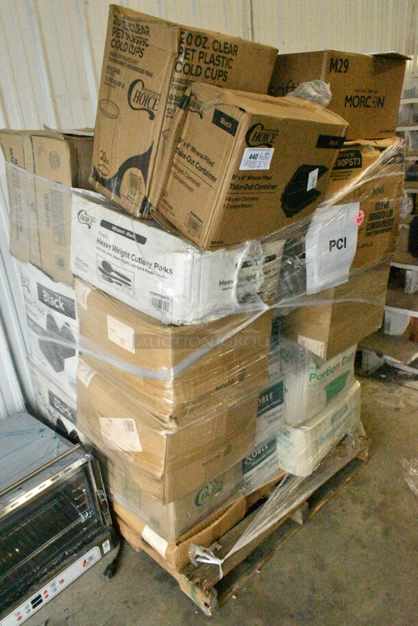 PALLET LOT of 33 BRAND NEW Boxes 395TO991 EcoChoice 9" x 9" x 3" Compostable Sugarcane / Bagasse 1 Compartment Take-Out Box - 200/Case, 2 Box 394360M Noble Products Powdered Disposable Vinyl Gloves for Foodservice - 1000/Case, 394360L Noble Products Powdered Disposable Vinyl Gloves for Foodservice - 1000/Case, 130BKFKSNSPH Choice Black Heavy Weight Wrapped Plastic Cutlery Pack with Napkin and Salt and Pepper Packets - 500/Case, 127P400 Choice 4 oz. Black Plastic Souffle Cup / Portion Cup - 2500/Case, 2 Box 5001BNAP Choice 1-Ply White Beverage / Cocktail Napkin - 4000/Case, 966TALLFLDB Choice White Tall-Fold 6" x 13" Dispenser Napkin - 8000/Case, Choice 9" Round Dome Take Out Lids, 5005DNAPFLTE Choice Touchstone 14" x 14" White Linen-Feel Flat-Packed Dinner Napkin, 395SP10 EcoChoice Compostable Sugarcane / Bagasse 10" x 10" Square Plate - 300/Case, 5013858 Lavex Li'l Herc 55-60 Gallon 1.2 Mil 38" x 58" Low Density Medium-Duty Black Trash Bag / Can Liner - 100/Case, 5008W Choice 8 oz. Tall White Poly Paper Hot Cup - 1000/Case, 2 Box 795PTOBK3 Choice 7 3/4" x 5 1/2" x 2 1/2" Black Microwavable Folded Paper #3 Take-Out Container - 200/Case, Dart 9CPWC Concorde 9" 3 Compartment White Non-Laminated Round Foam Plate, 485WB9NEONW Choice 9" Neon Extra Wide Pointed Wrapped Boba Straw - 1600/Case, 612DS3COMP Choice 8 1/2"x 6 3/8" 3-Compartment Oblong Foil Take-Out Container with Board Lid - 250/Case. 33 Times Your Bid! - Image 1 of 12