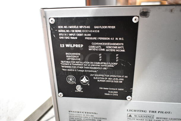 BRAND NEW SCRATCH AND DENT! Wilprep WP-F3-NG Stainless Steel Commercial Floor Style Natural Gas Powered Deep Fat Fryer w/ 2 Metal Fry Baskets. 90,000 BTU.  - Image 9 of 9