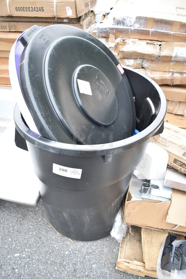 2 BRAND NEW SCRATCH AND DENT! Bins; Lavex 475SQ19BLREC 19 Gallon Blue Square Recycle Bin, Lavex 475TCRND55BK 55 Gallon Black Round Commercial Trash Can and 2 Lids; Lavex 475TCLD55PL 55 Gallon Purple Round Commercial Trash Can Lid and Lavex 475TCLD55BK 55 Gallon Black Round Commercial Trash Can Lid. 2 Times Your Bid! - Image 1 of 12