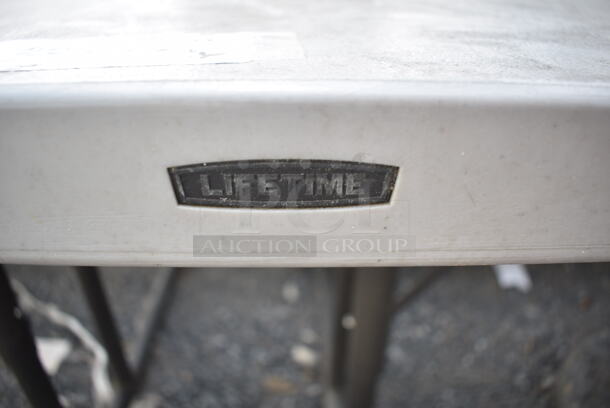 Lifetime Gray Poly Picnic Table on Black Metal Frame w/ Samuel Adams Patio Umbrella.  - Image 5 of 5