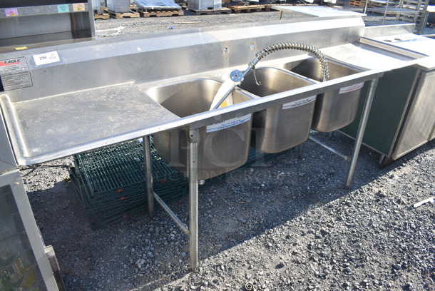Eagle Stainless Steel Commercial 3 Bay Sink w/ Dual Drain Boards, Faucet, Handles and Spray Nozzle Attachment. 102x27x45. Bays 16x19x13. Drain Boards 22x22.5 - Image 1 of 7