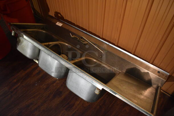 Stainless Steel Commercial 3 Bay Sink w/ Right Side Drain Board, Faucet and Handles. 74x26x20. Bays 16x20x10. Drain Board 16x22x2. (bar) - Image 2 of 7