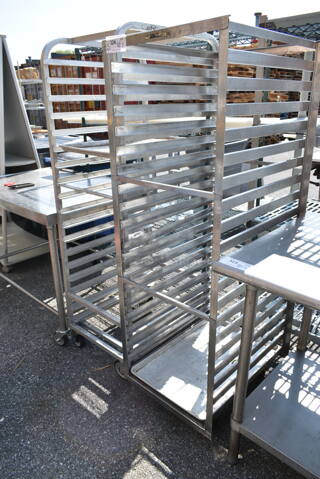 2 Metal Pan Transport Racks on Commercial Casters. 20.5x26x65, 20x26x62. 2 Times Your Bid!