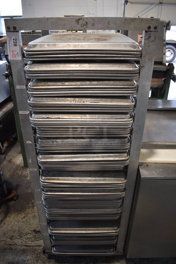 Metal Commercial Pan Transport Rack on Commercial Casters w/ 80 Metal Full Size Baking Pans. 22.5x26.5x63.5