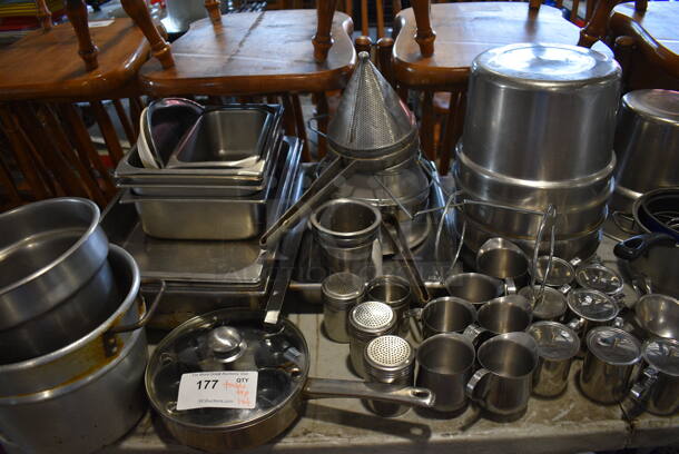 ALL ONE MONEY! Tabletop Lot of Various Metal Items Including Drop In Bins, Cylindrical Bins, China Cap Strainer and Pitchers - Image 3 of 7