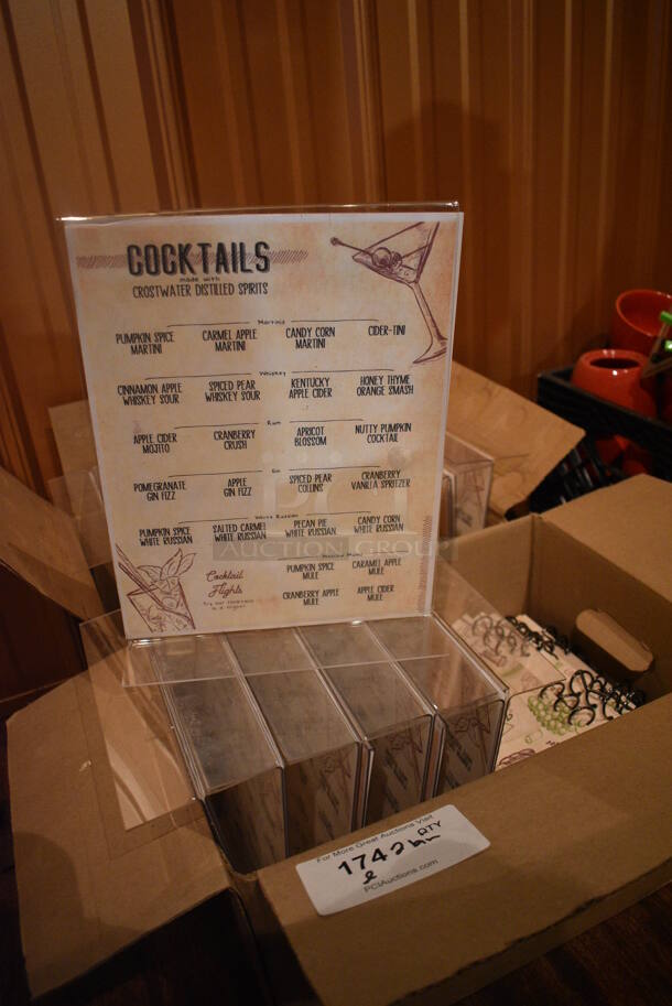 ALL ONE MONEY! Lot of 2 Boxes of Clear Plastic Tabletop Menu Holders. 8.5x3.5x11. (bar) - Image 1 of 4