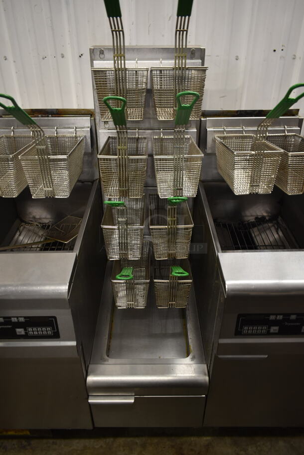 2014 Frymaster FMPH355SC Stainless Steel Commercial Floor Style 3 Bay Deep Fat Fryer w/ Fry Basket Hanging Station and 14 Metal Fry Baskets on Commercial Casters. 80,000 BTU. Unit Was Working When Removed. - Image 4 of 12
