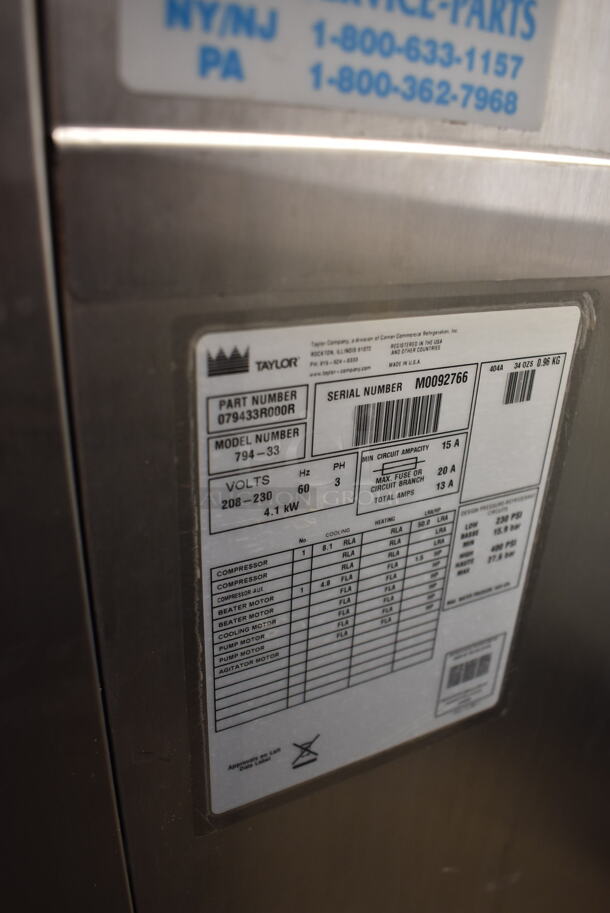 2010 Taylor 794-33 Commercial Stainless Steel Soft Serve Water Cooled Ice Cream Machine With 2 Hoppers On Commercial Casters. 208-230V, 3 Phase.  - Image 6 of 6