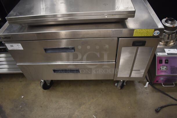 Delfield Commercial Stainless Steel Two-Drawer Chef Base On Commercial Casters. Tested and Does Not Power On.