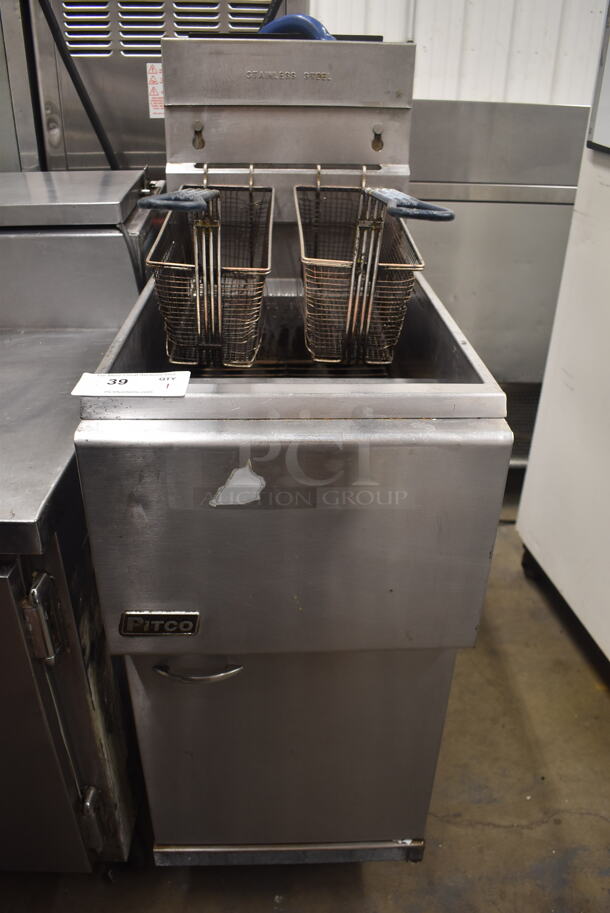 Pitco 45C+SS Commercial Stainless Steel Natural Gas Floor Fryer With 2 Fryer Baskets On Commercial Casters. 122,000 BTU.  - Image 1 of 5