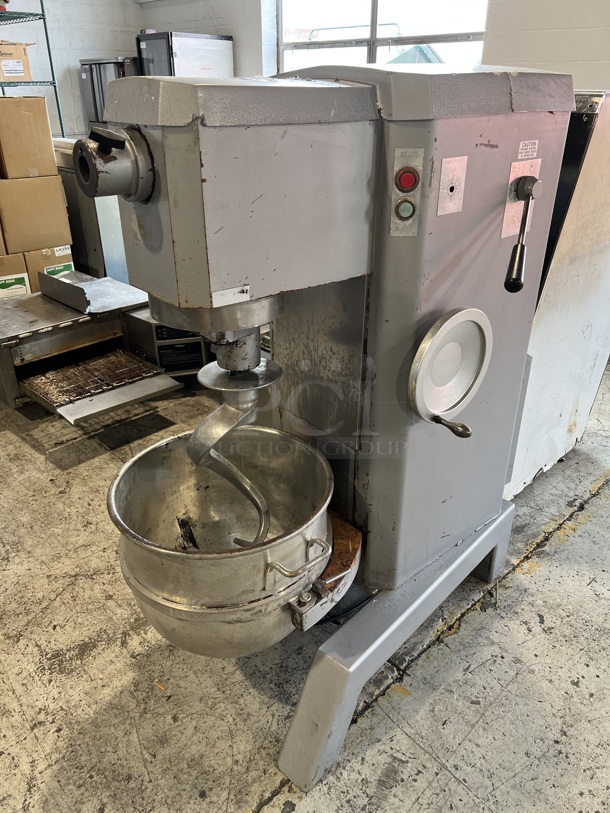 Univex Model M60 Metal Commercial Floor Style 60 Quart Planetary Mixer w/ Metal Mixing Bowl and Dough Hook Attachment. 208/240 Volts, 1 Phase. 28x48x56