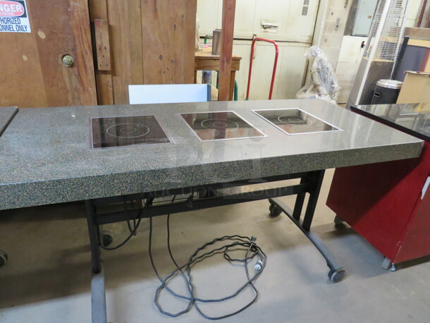 One Work Table With A Granite Look Top And 3 Electric Induction Burners On A Metal Base On Casters. Cracked See Pics.  72X32X36