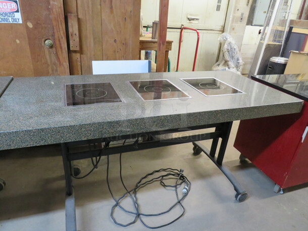 One Work Table With A Granite Look Top And 3 Electric Induction Burners On A Metal Base On Casters. Cracked See Pics.  72X32X36 - Image 1 of 6