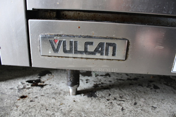 Vulcan Stainless Steel Commercial Propane Gas Powered 4 Burner Range w/ Left Side Charbroiler, Oven, Over Shelf and Back Splash. 36x33x58 - Image 7 of 8