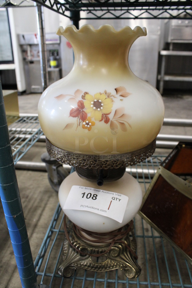 Metal Countertop Oil Lamp w/ Flower Shroud. 8x8x18