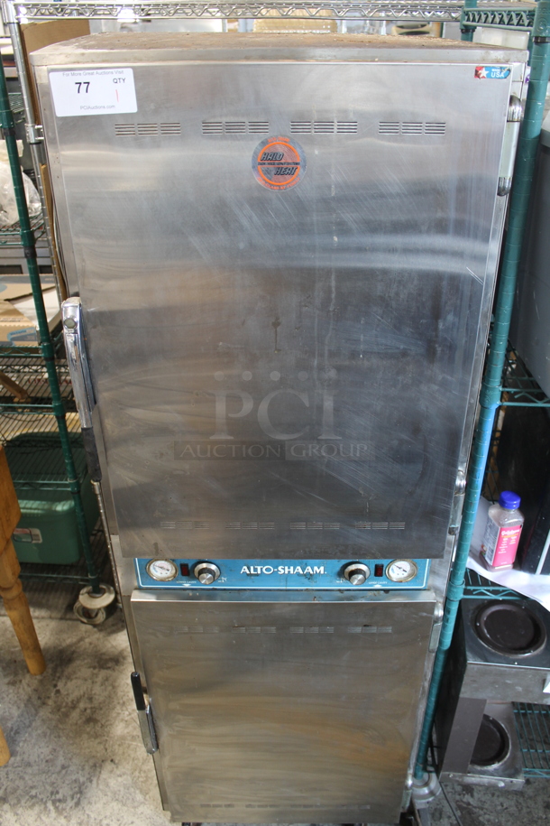 Alto Shaam 1000-UP/SR Halo Heat Stainless Steel Commercial 2 Half Size Door Holding Cabinet on Commercial Casters. 208-240 Volts, 1 Phase.  - Image 1 of 9