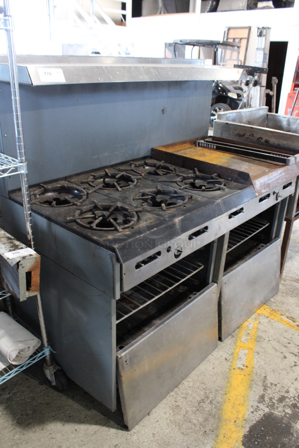 Garland Stainless Steel Commercial Propane Gas Powered 6 Burner Range w/ Flat Top Griddle, 2 Ovens, Over Shelf and Back Splash. Oven Doors and Door Handles Are Not Attached. Unit Appears To Have Been In The Process of Being Refurbished. 60x32x58 - Image 5 of 6