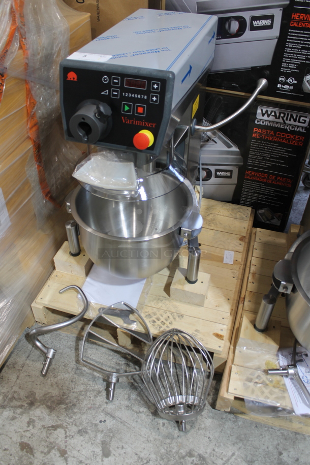 BRAND NEW! 2022 Varimixer V20KT Metal Commercial Countertop 20 Quart Planetary Dough Mixer / Stainless Steel Mixing Bowl, Bowl Guard, Paddle, Whisk and Dough Hook Attachments. 120 Volts, 1 Phase. Tested and Working! - Image 2 of 9