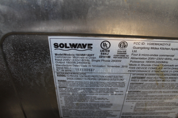 Solwave 180MW1800T Stainless Steel Commercial Countertop Microwave Oven. 208-230 Volts, 1 Phase. - Image 5 of 5