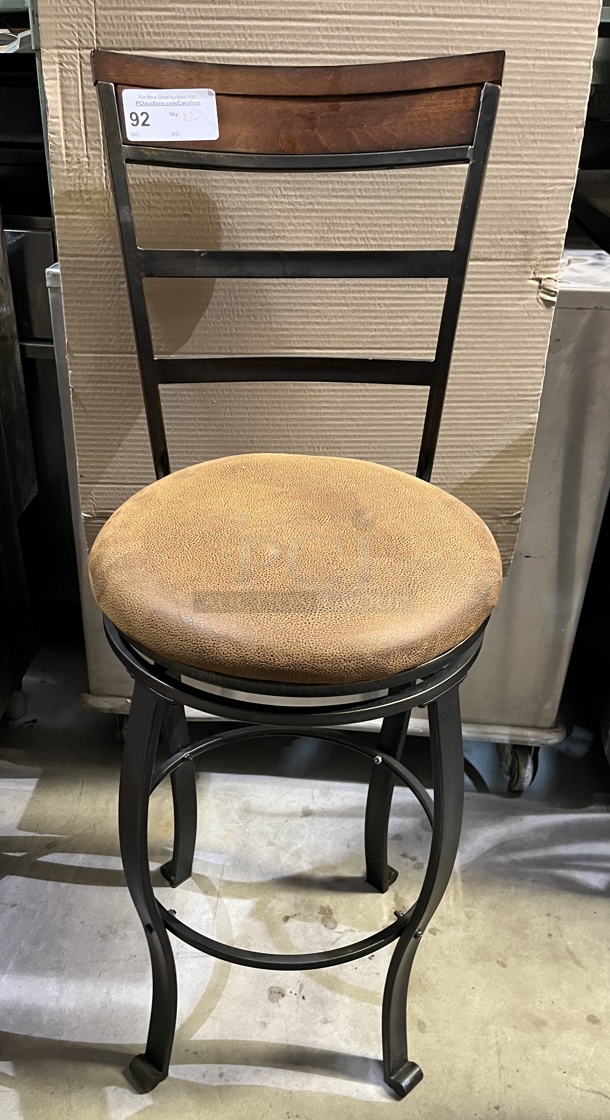 Metal Bar Stools, Brown Seat & Wood Back