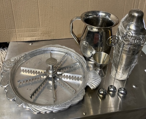 Assorted All Siver, Tray, Pie Cutter, Drink Shaker, Pitcher