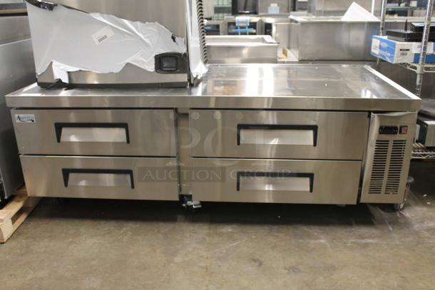 BRAND NEW SCRATCH AND DENT! Avantco 178CBE72HC Commercial Stainless Steel Electric 4-Door Refrigerated Chef Base On Commercial Casters.  115 Volts, 1 Phase. Tested and Working!