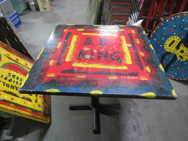 One 30X30X30 Painted  Table Top On A Pedestal Base. BB KING!. - Image 1 of 2