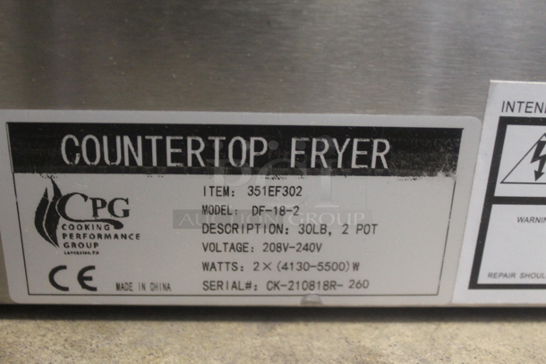 BRAND NEW SCRATCH AND DENT! Cooking Performance Group CPG DF-18-2 Stainless Steel Commercial Countertop Electric Powered 2 Bay Fryer w/ 2 Metal Fry Baskets. 208/240 Volts, 1 Phase. - Image 7 of 10