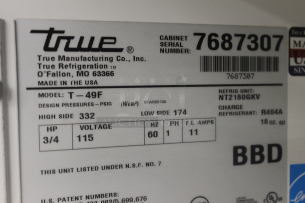 2013 True T-49F ENERGY STAR Stainless Steel Commercial Two Door Reach In Freezer w/ Poly Coated Racks on Commercial Casters. 115 Volts, 1 Phase. Tested and Working! - Image 7 of 7