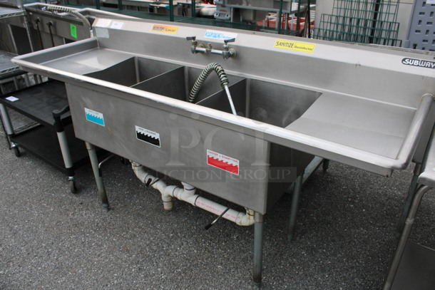 Duke Stainless Steel Commercial 3 Bay Sink w/ Dual Drainboards, Faucet, Handles and Spray Nozzle Attachment. 84x27x43. Bays 16x21x14. Drainboards 16x23x1 - Image 5 of 5