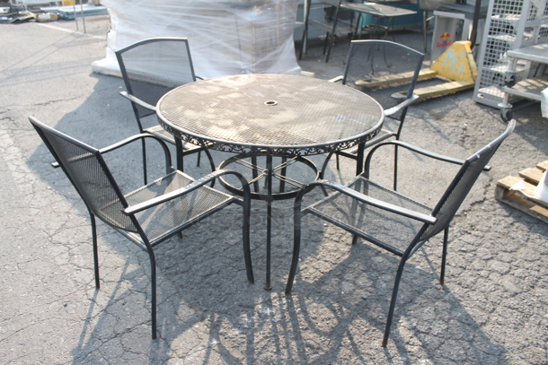 5 Piece Outdoor Set Including Round Lattice Dining Table And 4 Lattice Style Chairs. Cosmetic Condition May Vary. 5 Times Your Bid! Chairs: 23X22x34.5