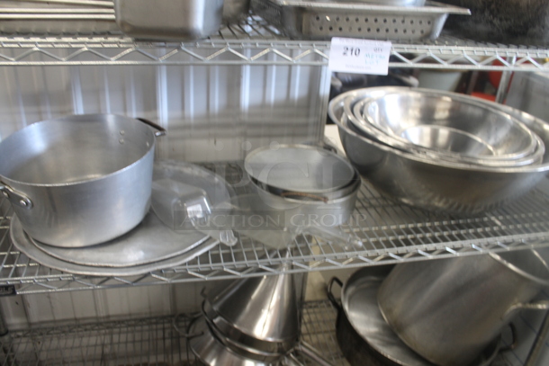 Chrome Finish 4 Tier Wire Shelving Unit on Commercial Casters w/ Contents Including Stainless Steel Drop In Bins and Bowls. BUYER MUST DISMANTLE. PCI CANNOT DISMANTLE FOR SHIPPING. PLEASE CONSIDER FREIGHT CHARGES. - Image 5 of 6