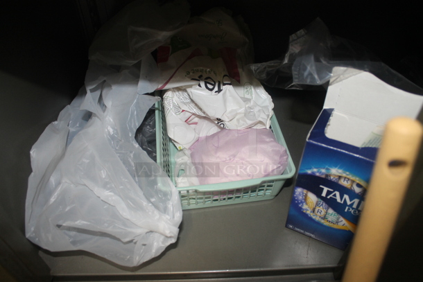 ALL ONE MONEY! Metal Cabinet w/ Wood Pattern Top, Contents, Fake Flowers, Plunger, Toilet Bowl Cleaner and Trash Can. - Image 3 of 3