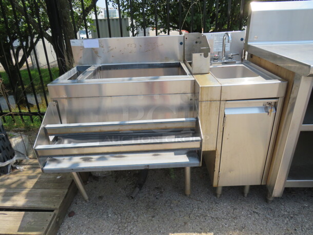 One Stainless Steel Under Bar Glastender Ice Well/ Hand Sink With Faucet, With 2 Tier Bottle rail Attached. 46X30X38 - Image 1 of 1