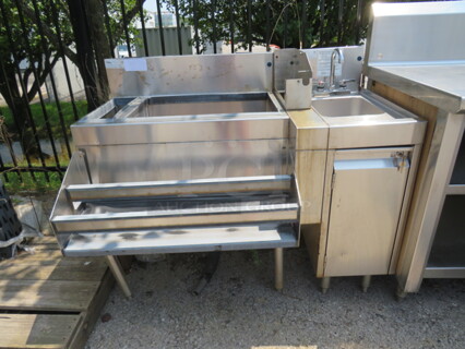 One Stainless Steel Under Bar Glastender Ice Well/ Hand Sink With Faucet, With 2 Tier Bottle rail Attached. 46X30X38