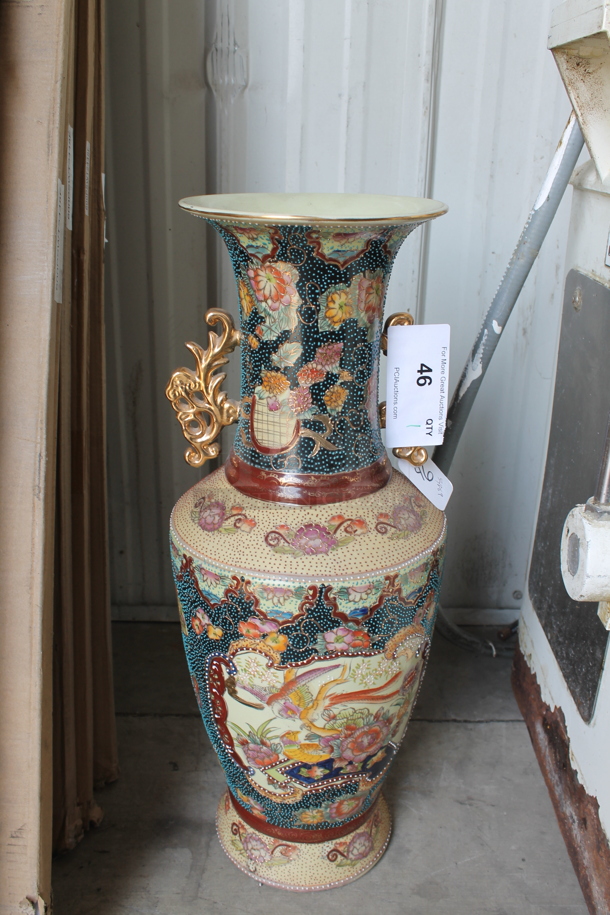 Ornate Multicolored Vase w/ Floral Motif Featuring a Bird in Flight. - Image 1 of 4