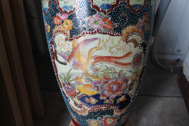 Ornate Multicolored Vase w/ Floral Motif Featuring a Bird in Flight. - Image 2 of 4