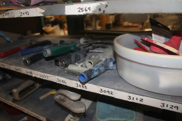 Gray Metal Shelving Unit w/ Contents Including Poly Bucket and Paint Roller Brushes. BUYER MUST REMOVE. - Image 6 of 9