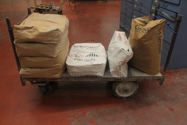 Metal Flat Cart w/ Various Bags Including Hydrous Magnesium Silicate on Casters. - Image 1 of 8