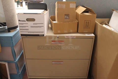 Tan Metal 2 Drawer Filing Cabinet w/ Contents. BUYER MUST REMOVE.