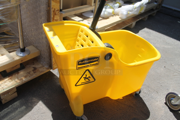 Rubbermaid Yellow Poly Mop Bucket w/ Wringing Attachment on Commercial Casters. - Image 3 of 5