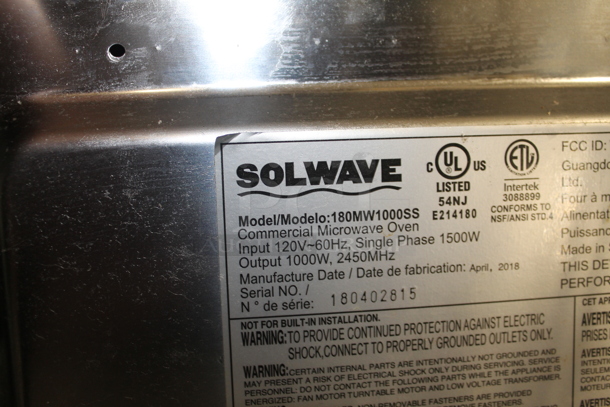 2018 Solwave 180MW1000S Stainless Steel Commercial Countertop Microwave Oven. 120 Volts, 1 Phase. - Image 5 of 5
