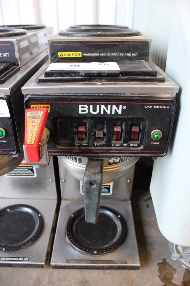 Bunn Model CWTF-DV Stainless Steel Commercial 3 Burner Coffee Machine w/ Hot Water Dispenser and Metal Brew Basket. 120 Volts, 1 Phase. 8x20x19