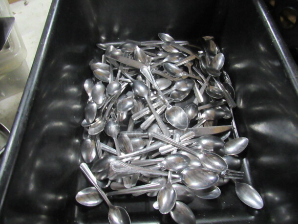 One Bussing Tub With Lid, Full Of Spoons. 