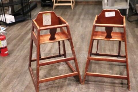 Wooden Highchairs, Dark Stained 
QTY 2 
Your Bid x 2 